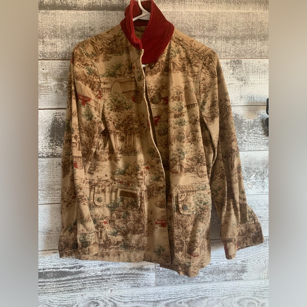 Vintage Ralph Lauren chore jacket with village landscape pattern and red collar
